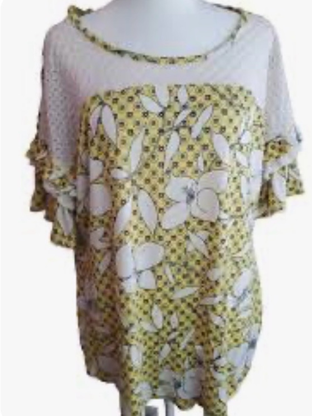 EST 1946 Floral Yellow and White Women's Blouse with lace yoke